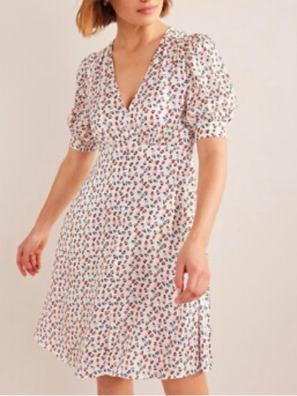 Boden Satin Tea Dress Size 12 US Ivory Floral Puff Sleeve V Neck Midi Retro